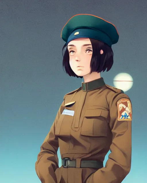 Image similar to young woman with shoulder length light brown hair and hazel eyes dressed in a sharp dark teal military uniform and beret, symmetry, blurred city background in twilight lighting, ilya kuvshinov, anime, greg rutkowski, guweiz, ross tran, artstation trending, artgerm, concept art, digital painting, painterly