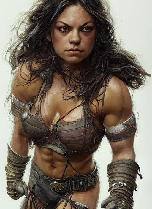 Image similar to exhausted Mila Kunis as a very muscled rugged looking Amazon, dirty, sweating, intricate, elegant, highly detailed, artstation, concept art, sharp focus, art by artgerm and donato giancola and Joseph Christian Leyendecker, WLOP