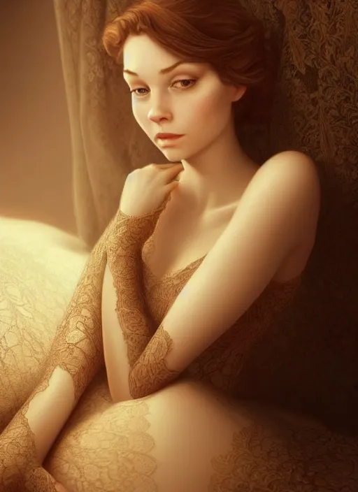 Prompt: young woman beautiful face : : lace peignoir : : lie in bed at night : : weta disney pixar movie still photo : : decadent highly - detailed digital painting, soft dark light, full length shot, golden ratio, octane render, artstation, smooth, sharp focus, artgerm, mucha, loish, wlop, gogo