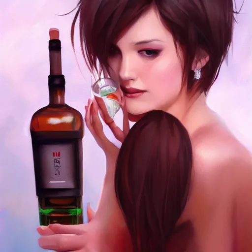 Prompt: a person with short brown hair drinking from a bottle of tequila, by ross tran, oil on canvas