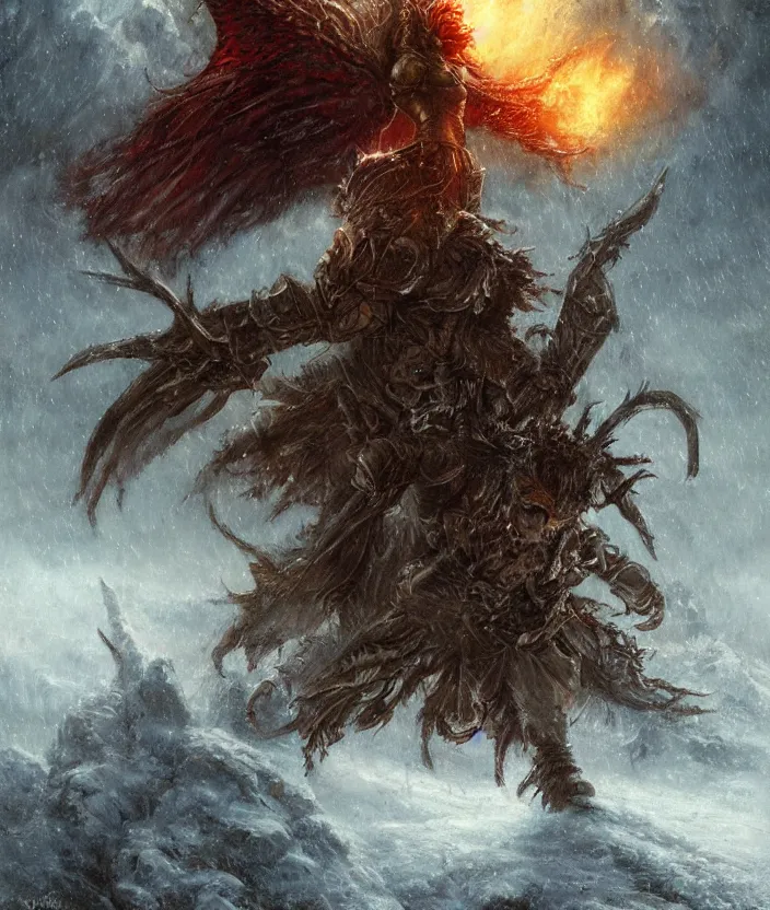 Image similar to armored angel warrior in a snowstorm, mysterious, fantasy artwork, warm colors, by seb mckinnon