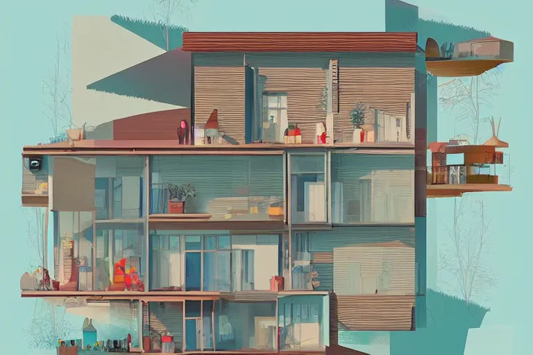 Image similar to a beautiful flat 2 dimensional illustration of a cross section of a house, view from the side, a storybook illustration by muti and james gilleard, colorful, minimalism, featured on dribble, unique architecture, behance hd, dynamic composition