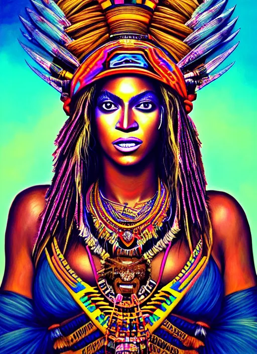 Image similar to portrait of beyonce, hyper detailed ultra sharp aztec shaman warrior. trending on artstation, warpaint aesthetic, bloodwave, colorful, psychedelic, ornate, intricate, digital painting, concept art, smooth, sharp focus, illustration, art by artgerm and greg rutkowski and h. r. giger, 8 k