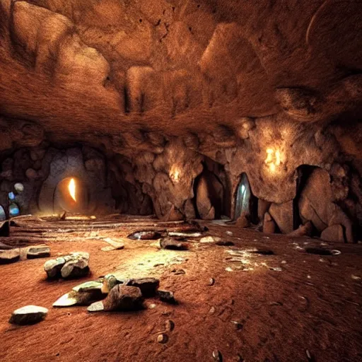 Image similar to beautiful matte painting of the inside of a cave with glowing crystals on the walls and bones on the floor, fantasy, sharp focus