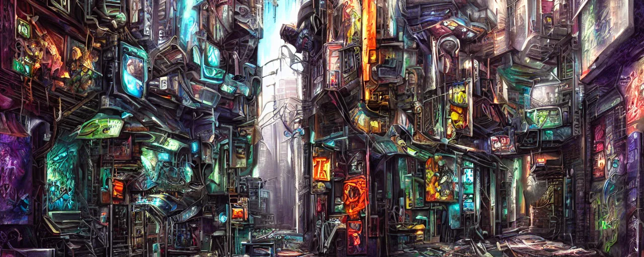 Image similar to airbrushed painting of a cyberpunk alleyway