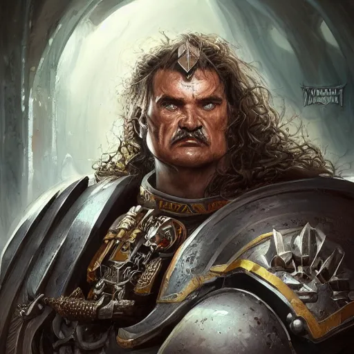 Prompt: Portrait of Warhammer 40k Primarch named Lech Wałęsa, intimidating, strong, Warhammer 40k, brown eyes, dark science fiction, intricate, highly detailed, digital painting, trending on artstation, concept art, slightly smooth, sharp focus, darker colors, RPG rulebook illustration, art by Raymond Swanland