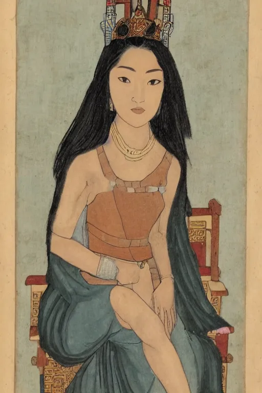 Prompt: portrait by tara phillips of a beautiful young asian woman with shoulder length hair and strong facial bone structure, queen and ruler of the universe, sitting on her throne, men kneeling at her feet