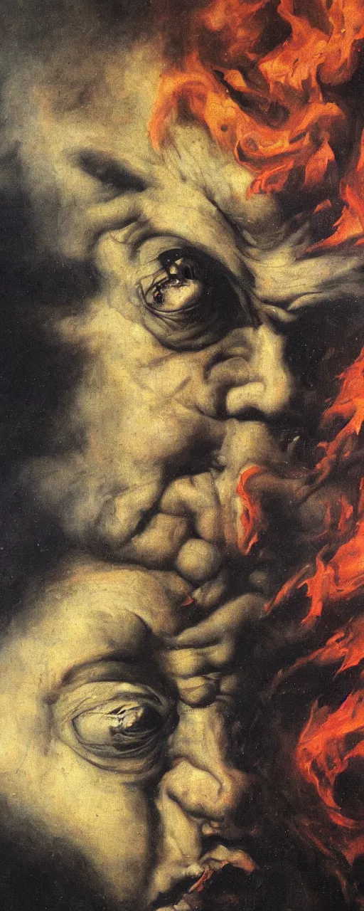 Image similar to a detail of a panting by francisco goya and ernst fuchs, angry face, war, fire, dark stone, explosions, 8 k, trending on artstation.