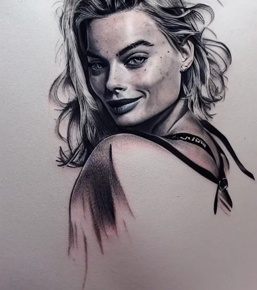 Image similar to mash up tattoo sketch of margot robbie with beautiful mountain scenery, in the style of arlo dicristina, hyper realism, amazing detail, sharp