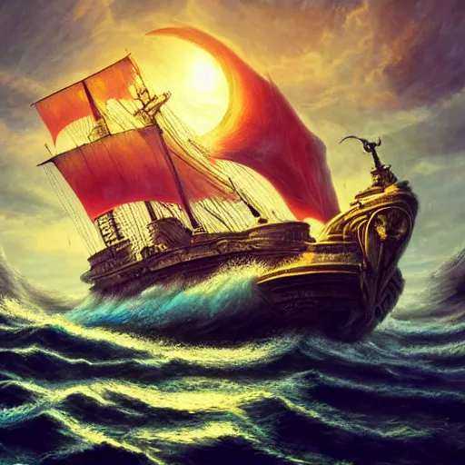 Image similar to mystical ship with kraken pulling it underwater, beautiful composition, wide angle, colorful, cinematic, volumetric lighting, intricate details painting