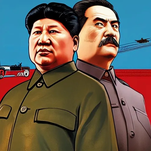 Image similar to Mao Zedong alongside Joseph Stalin in GTA V, Cover art by Stephen Bliss, Boxart, loading screen