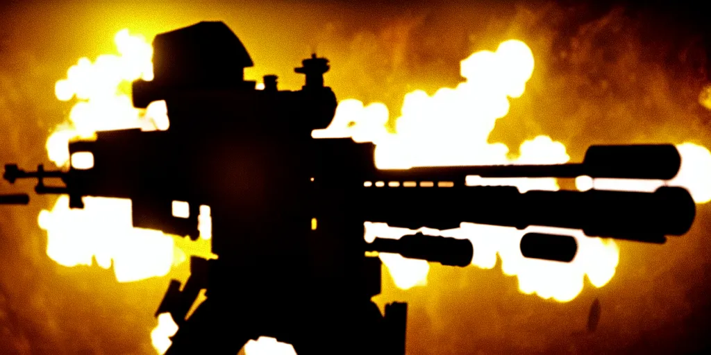 Image similar to high detail movie still of ultra realistic spongebob squarepants shooting an ak - 4 7 machine gun with muzzle flash, cinematic framing rule of thirds, cinematic light, hard shadows, in the style of the movie lone survivor,