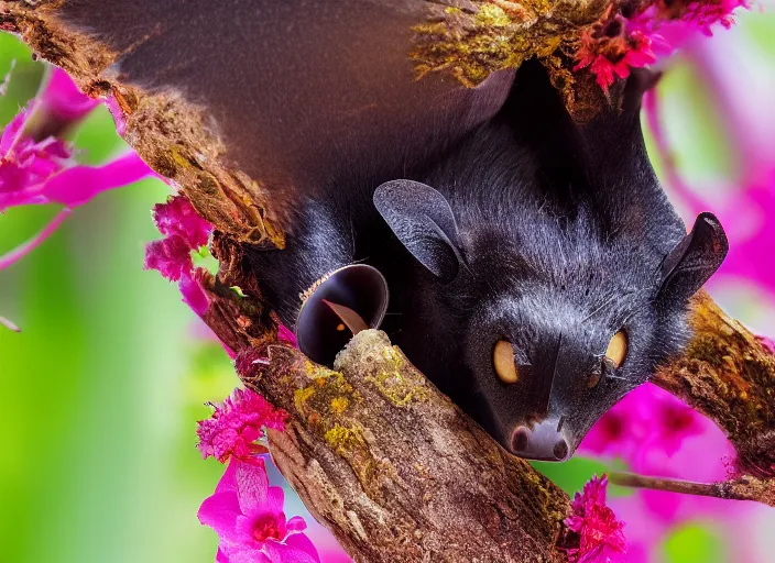 Image similar to super macro of a fruit bat drinking from a flower in the forest. fantasy magic style. highly detailed 8 k. intricate. nikon d 8 5 0 3 0 0 mm. award winning photography.