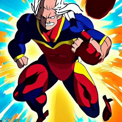 Prompt: strong man with beautiful style and balding head hero all might style