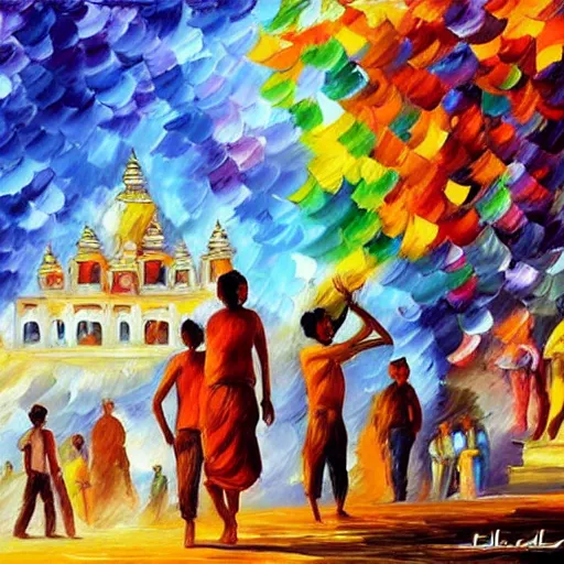 Prompt: People playing holi in Varanasi, with temples in the background, color in the air, Kai Fine Art by Leonid Afremov, by Guy Billoutread