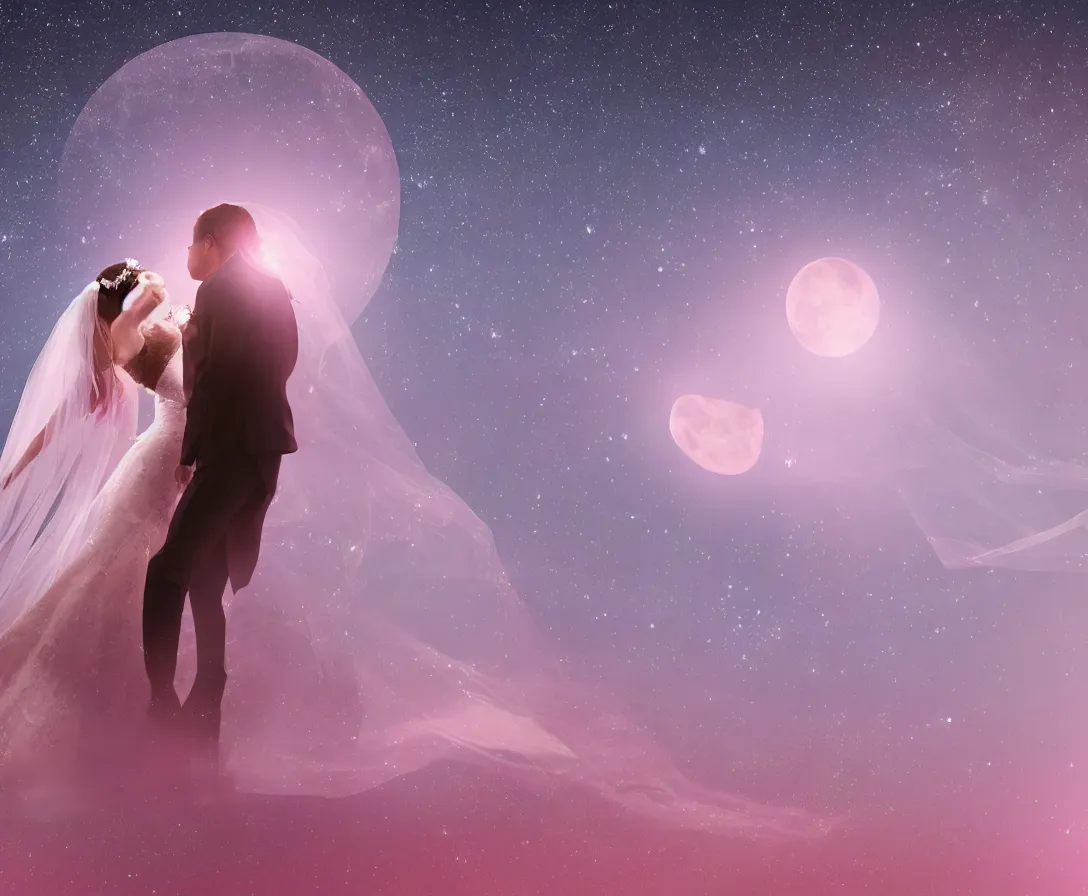 Prompt: bride and groom have their gorgeous wedding dance on a picturesque pink moon with stars on a pink background behind it, incredibly detailed, anatomical, beautiful, ray traced, 8 k, uhd, soft natural lighting, volumetric lighting