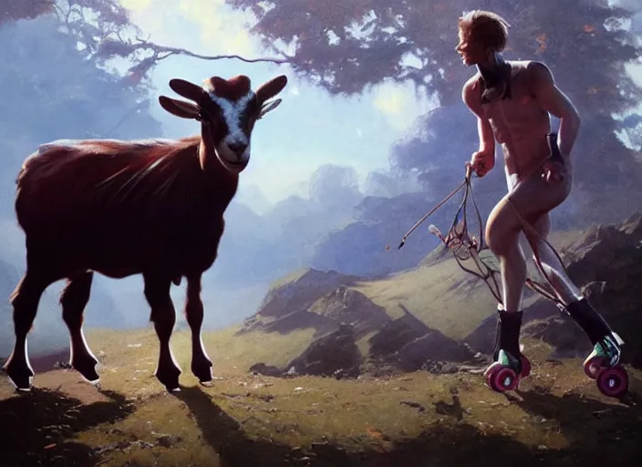 Image similar to ultra realistic portrait painting of a goat on roller blades, art by frank frazetta and beeple, 4 k, ultra realistic, highly detailed, epic lighting