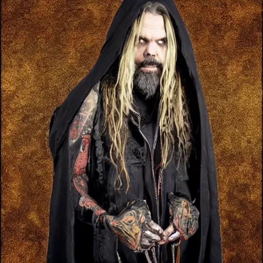 Image similar to rob zombie wearing a dark hooded cloak