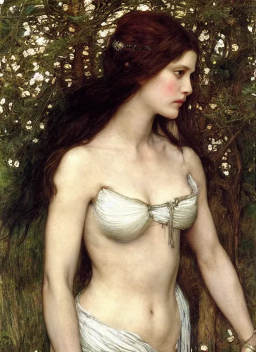 Image similar to a beautiful painting of liv tyler as arwen by John Everett Millais and Dante Gabriel Rossetti and John Collier and john william waterhouse, pre-raphaelite, detailed, trending on artstation, hd, masterpiece