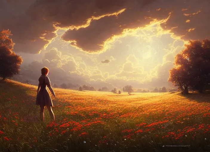 Prompt: detailed intricate digital illustration by greg rutkowski and artgerm and wlop and sanford robinson gifford ; beautiful meadow with colorful flowers and puffy clouds in background ; 1 3 mm film, arri alfa anamorphic lens ; sharp focus, golden hour lighting, trending on artstation 4 k ; close view