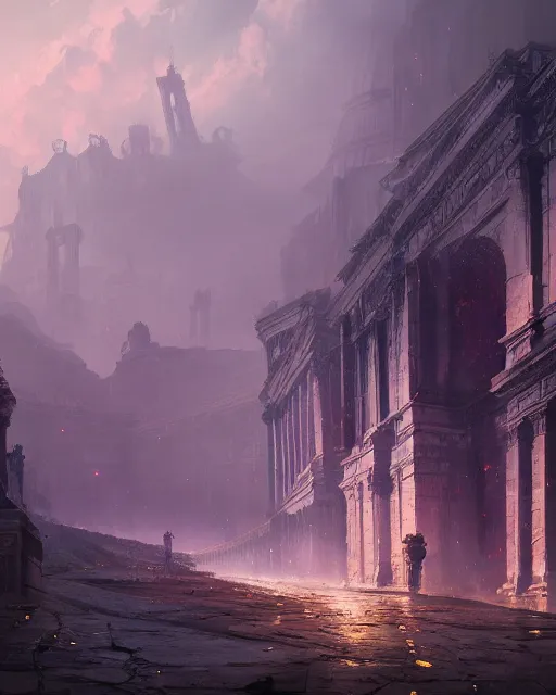 Image similar to eternal city, city of secrets, purple, environment art, fantasy art, landscape art, in the style of greg rutkowski, illustration, epic, fantasy, intricate, hyper detailed, artstation, concept art, smooth, sharp focus, ray tracing