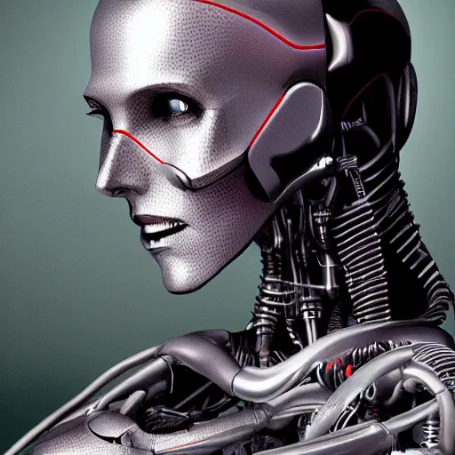 Image similar to a cyborg robot designed by tesla, hyper realistic, detailed portrait,