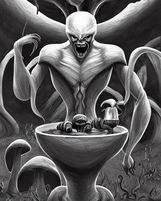 Prompt: a painting of a evil Nordic alien of pure evil, made in tones of white and grey, drinking liquid gold, in a wild mushroom fountain, bath like style, insanely detailed, loony toons style, isometric views, 8k