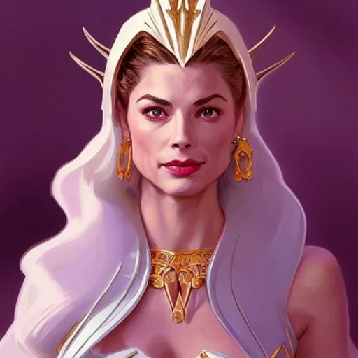 Image similar to A combination of Grace Kelly's and Kristin Kreuk's and Ashley Greene's faces as She-Ra, western, D&D, fantasy, intricate, elegant, highly detailed, digital painting, artstation, concept art, matte, sharp focus, illustration, art by Artgerm and Greg Rutkowski and Alphonse Mucha