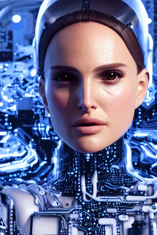 Prompt: close up headshot of Natalie Portman as a female android, intricately detailed mechanical parts, complicated circuits and wires, beautiful gazing symmetric blues eyes, unreal engine, path tracing, 8k, artstation, 3/4 profile