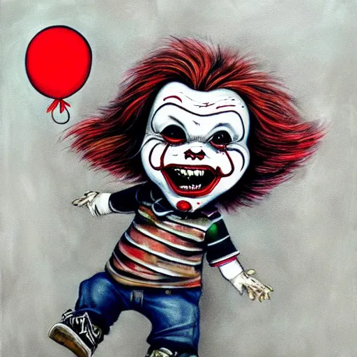 Prompt: grunge cartoon painting of chucky with a wide smile and a red balloon by chris leib, loony toons style, pennywise style, horror theme, detailed, elegant, intricate