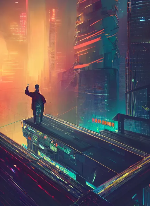 Image similar to Panfuturism cyberpunk art of a man standing on top of a bridge over a city, by Reuben Tam, Artstation contest winner, synthwave, retrowave, 2d game art