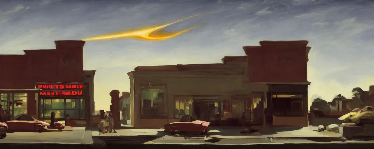 Prompt: car outside drugstore with giant meteor streaking through sky, by edward hopper, by, by theodore gericault, dark, unsettling, unreal engine 4 k hd masterpiece trending on artstation, nightcafe, mysterious, drab, dystopian