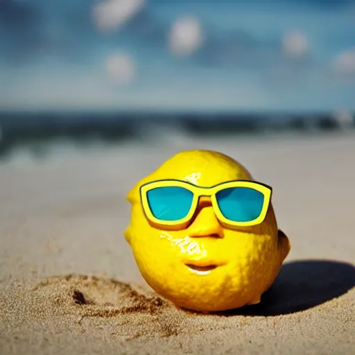 Prompt: a lemon wearing sunglasses on a beach, photorealistic