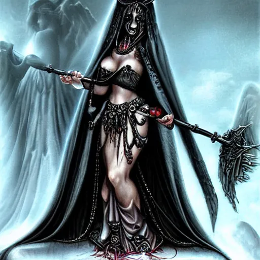 Image similar to candid photographic portrait, goddess of death, by anne stokes