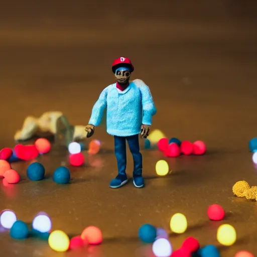 Image similar to a cinematic film still of a claymation stop motion film starring chance the rapper as a college student, shallow depth of field, 8 0 mm, f 1. 8