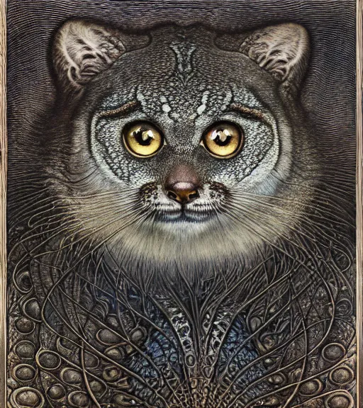 Image similar to detailed realistic beautiful manul portrait by jean delville, gustave dore, iris van herpen and marco mazzoni, art forms of nature by ernst haeckel, art nouveau, symbolist, visionary, gothic, neo - gothic, pre - raphaelite, fractal lace, intricate alien botanicals, ai biodiversity, surreality, hyperdetailed ultrasharp octane render