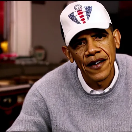 Image similar to riverdale still of obama wearing suspenders, a white varsity sweater with a varsity letter r, and a propeller cap, cap with a propeller on it, propeller hat