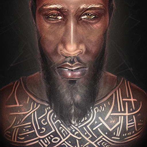 Image similar to A portrait of a dark skinned wizard covered in runic tattoos, he is surrounded by glowing floating magical runes, trending on artstation