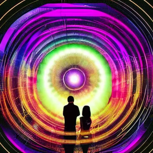 Image similar to A Couple look outside their window within a spaceship entering a wormhole, psychedelic, hyper intricate, inspired by 2001 A Space Odyssey