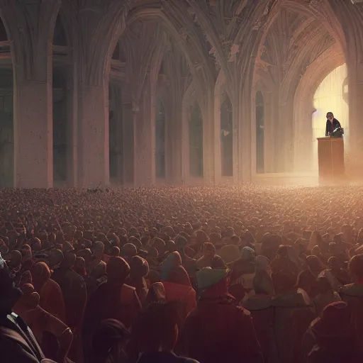 Image similar to pastor Dante Gebel giving a sermon message before a large crowd, artstation, Greg rutkowski, cinematic, digital Art