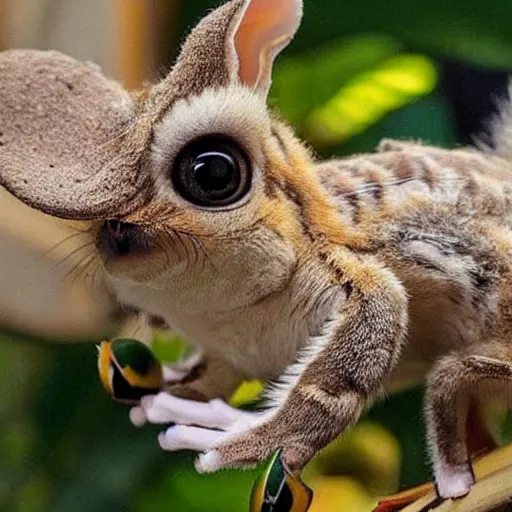 Prompt: Super cute animal combination of Margay, Gecko, Tarsier, Sugar glider, Sand cat, Bee hummingbird, Pygmy hippopotamus , Leafy sea dragon, Elephant Shrew, Klipspringer, Fennec Fox, Tawny frogmouth, Quetzal and Star-nosed mole