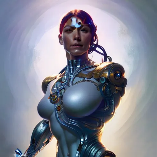 Image similar to cyborg, muscular upper body, D&D, fantasy, intricate, elegant, highly detailed, digital painting, artstation, concept art, smooth, sharp focus, illustration, art by artgerm and greg rutkowski and alphonse mucha