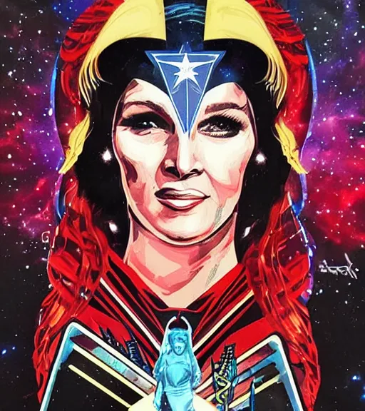 Image similar to portrait of young Tanya Tucker as a female space priestess, by DC comics and Sandra Chevrier