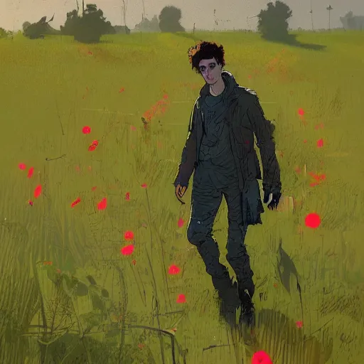 Image similar to timothee chalamet, concept art by jama jurabaev and ismail inceoglu and sparth, cel shaded, cinematic shot, trending on artstation, high quality, brush stroke, lawns, fluorescent spots, luminous flowers, and lonely atmosphere