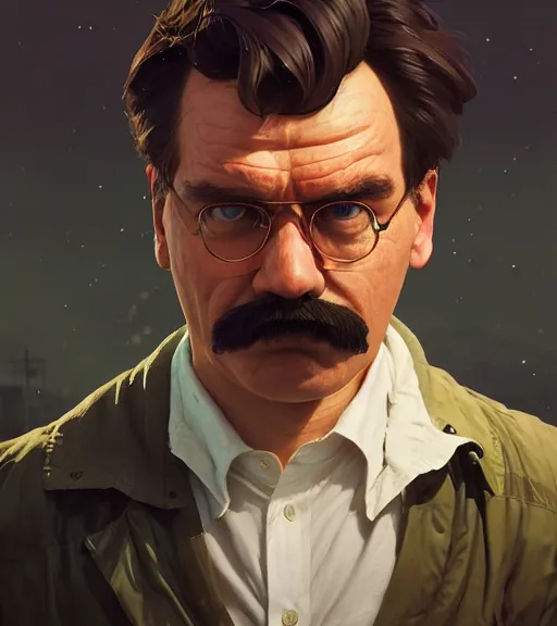 Image similar to Highly detailed portrait of Nietzsche in GTA V, Stephen Bliss, unreal engine, fantasy art by Greg Rutkowski, Loish, Rhads, ferdinand knab, Makoto Shinkai and Lois van baarle, ilya kuvshinov, rossdraws, Tom Bagshaw, global illumination, radiant light, detailed and intricate environment