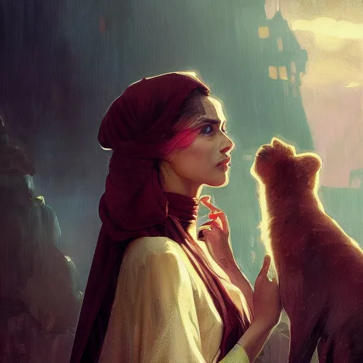 Prompt: a Photorealistic dramatic hyperrealistic render of an arab ameera al taweel, tan skin, green eyes, red hair, white veil, with a pet lion by WLOP,Artgerm,Greg Rutkowski,Alphonse Mucha, Beautiful dynamic dramatic dark moody lighting,shadows,cinematic atmosphere,Artstation,concept design art,Octane render,8K