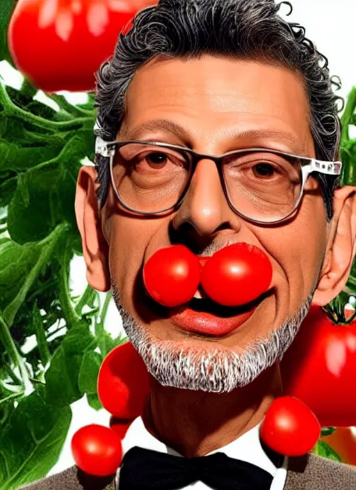 Image similar to jeff goldblum in a tomato outfit