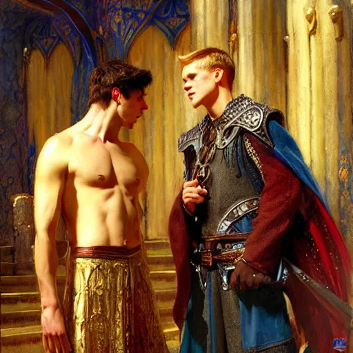 Image similar to attractive, arthur pendragon in love with attractive male, merlin the mage. highly detailed painting by gaston bussiere, craig mullins, j. c. leyendecker