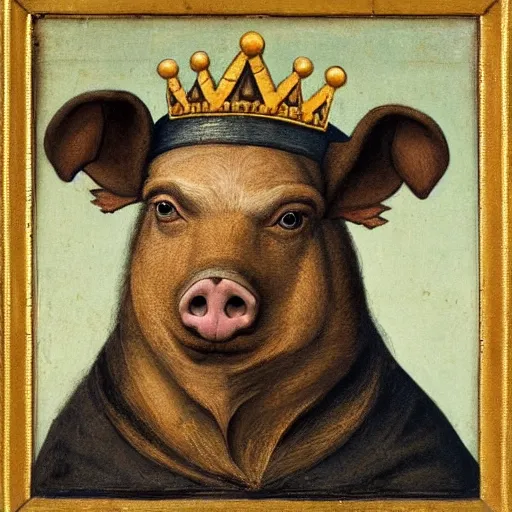 Image similar to a renaissance style portrait of a wild pig wearing a crown and a cape, dark background