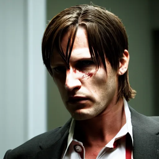 Image similar to Leon Kennedy from Resident Evil as The American Psycho, sweating intensely, cinematic still